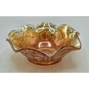 Imperial Star and File Marigold Carnival Glass Ruffled Smooth Bowl 6.5” Wide